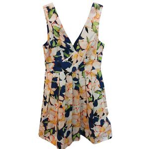 J Crew Spring Artsy Floral Cotton Empire  Pleated Skirt Dress 2 Pockets V-Neck